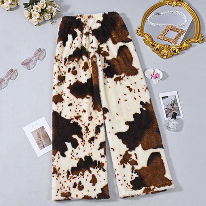 Pantalon pyjama femme ample en flanelle à imprimé vache