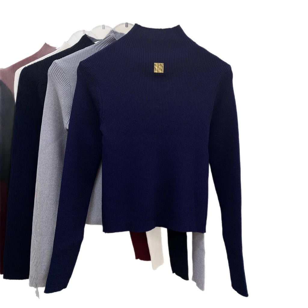 Pull tricoté ajouré à col mi-haut à manches longues pour femmes