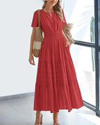 Robe longue plissée élégante style français à col en V pour femmes