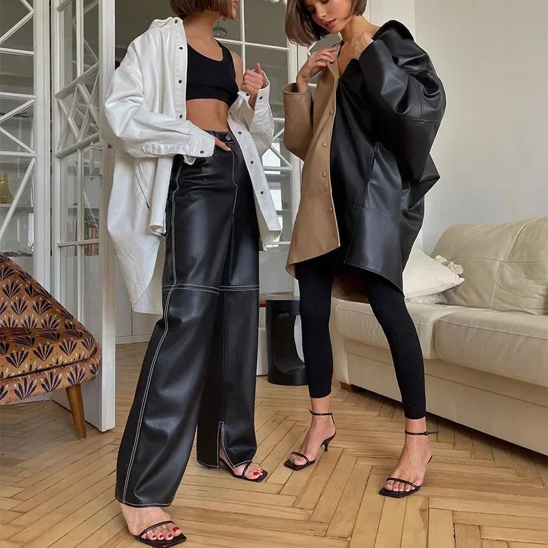 Pantalon Droit Taille Haute en Similicuir avec Poches