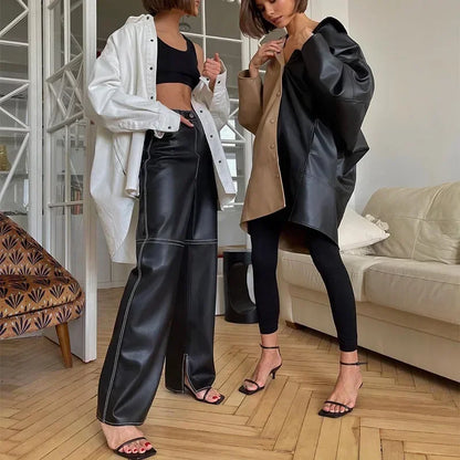 Pantalon Droit Taille Haute en Similicuir avec Poches