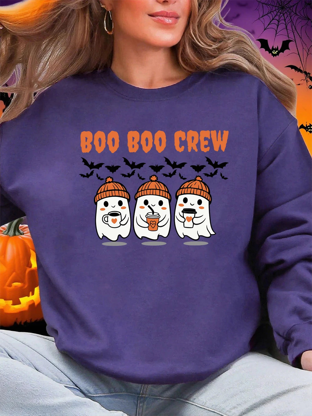 Sweat-shirt d'Halloween Boo Boo Crew à imprimé fantôme pour femmes