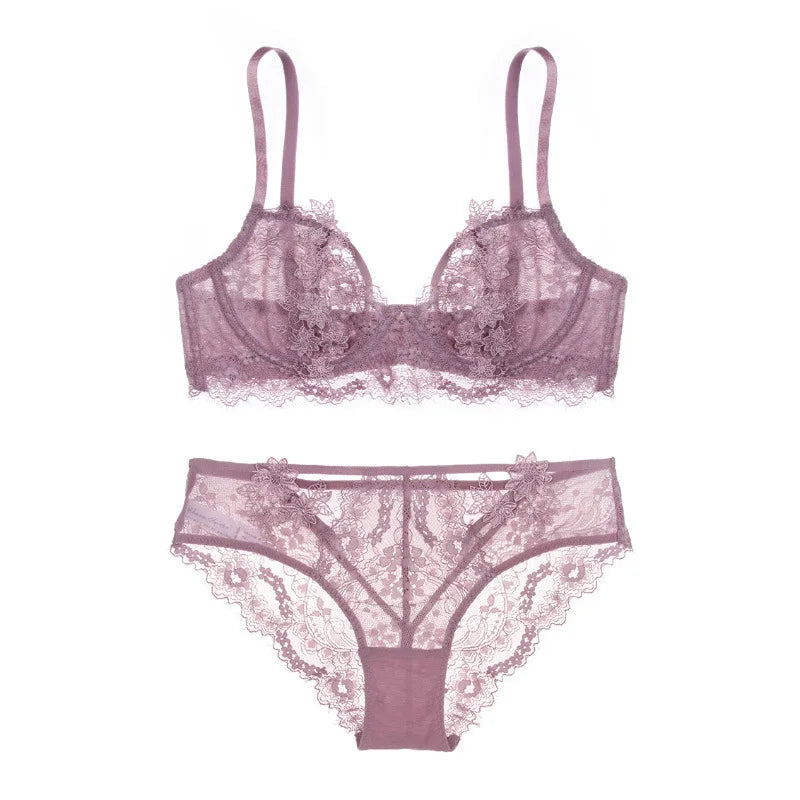 Ensemble soutien-gorge et culotte transparents en dentelle brodée pour femmes