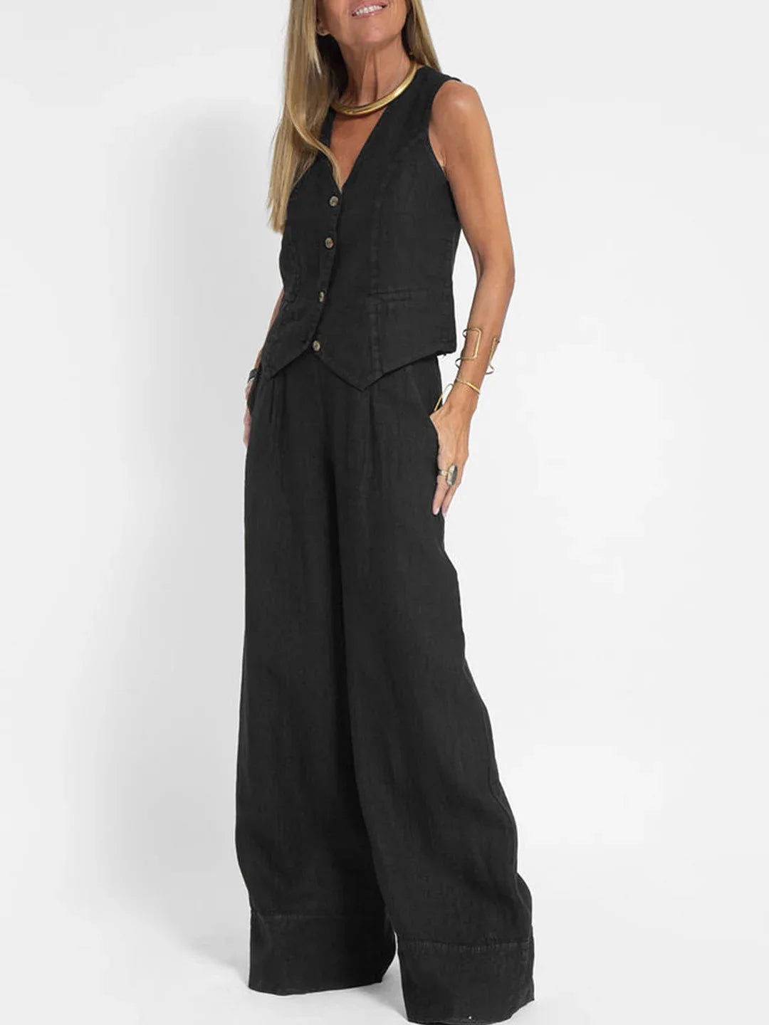Ensemble deux pièces débardeur et pantalon en coton et lin pour femmes