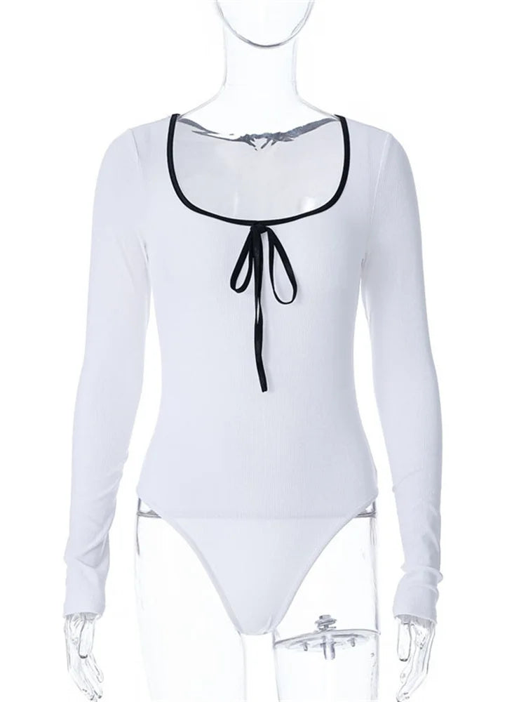 Body Femme Côtelé à Col Carré et Détail Nœud