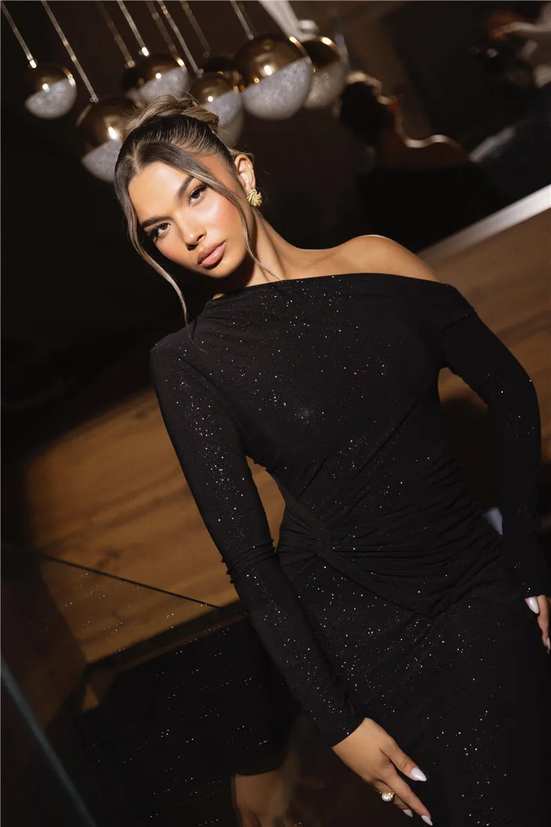 Robe longue sexy à manches longues et paillettes pour femmes