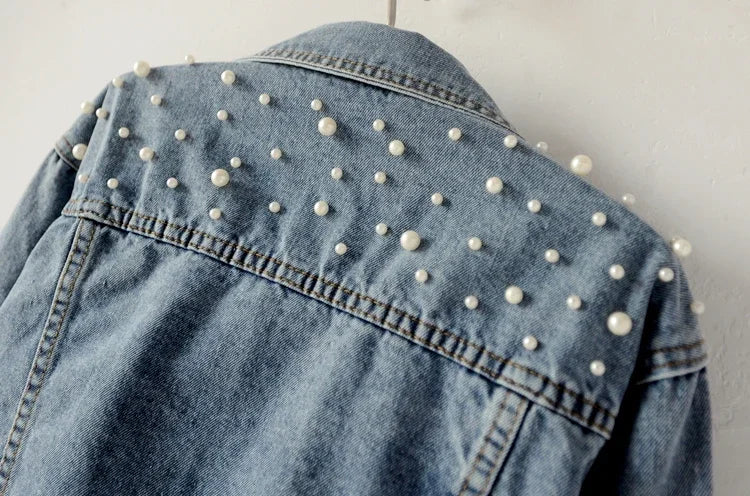 Veste en jean courte et amincissante à perles pour femmes