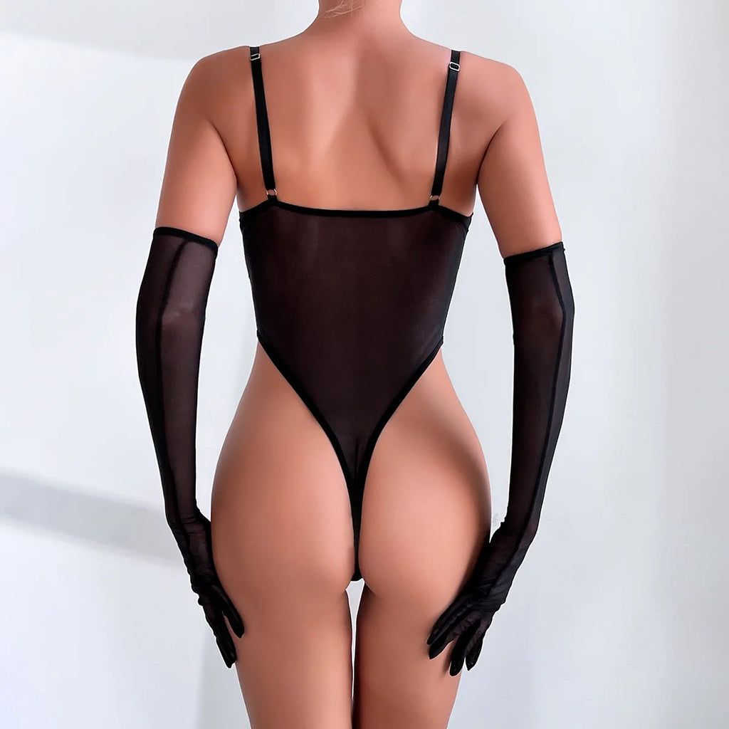 Body avec gants en dentelle et résille transparente pour femmes