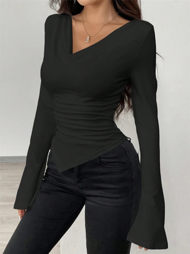 T-shirt à col en V épaules et dénudées à manches longues pour femmes