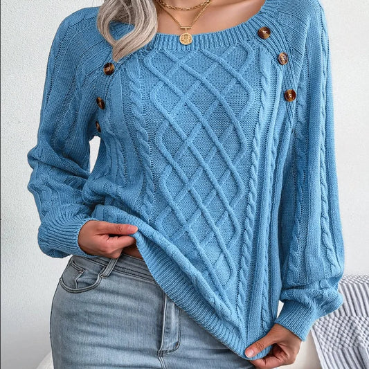 Pull Torsadé Femme – Col Carré Boutonné