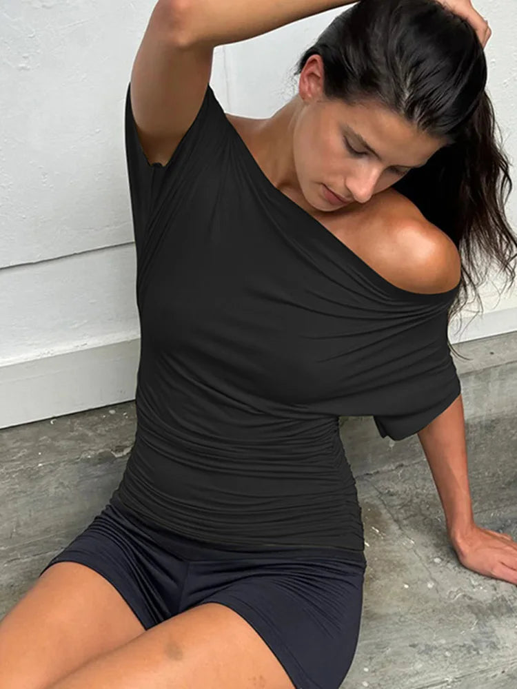 T-shirts court froncé à épaules dénudées pour femmes