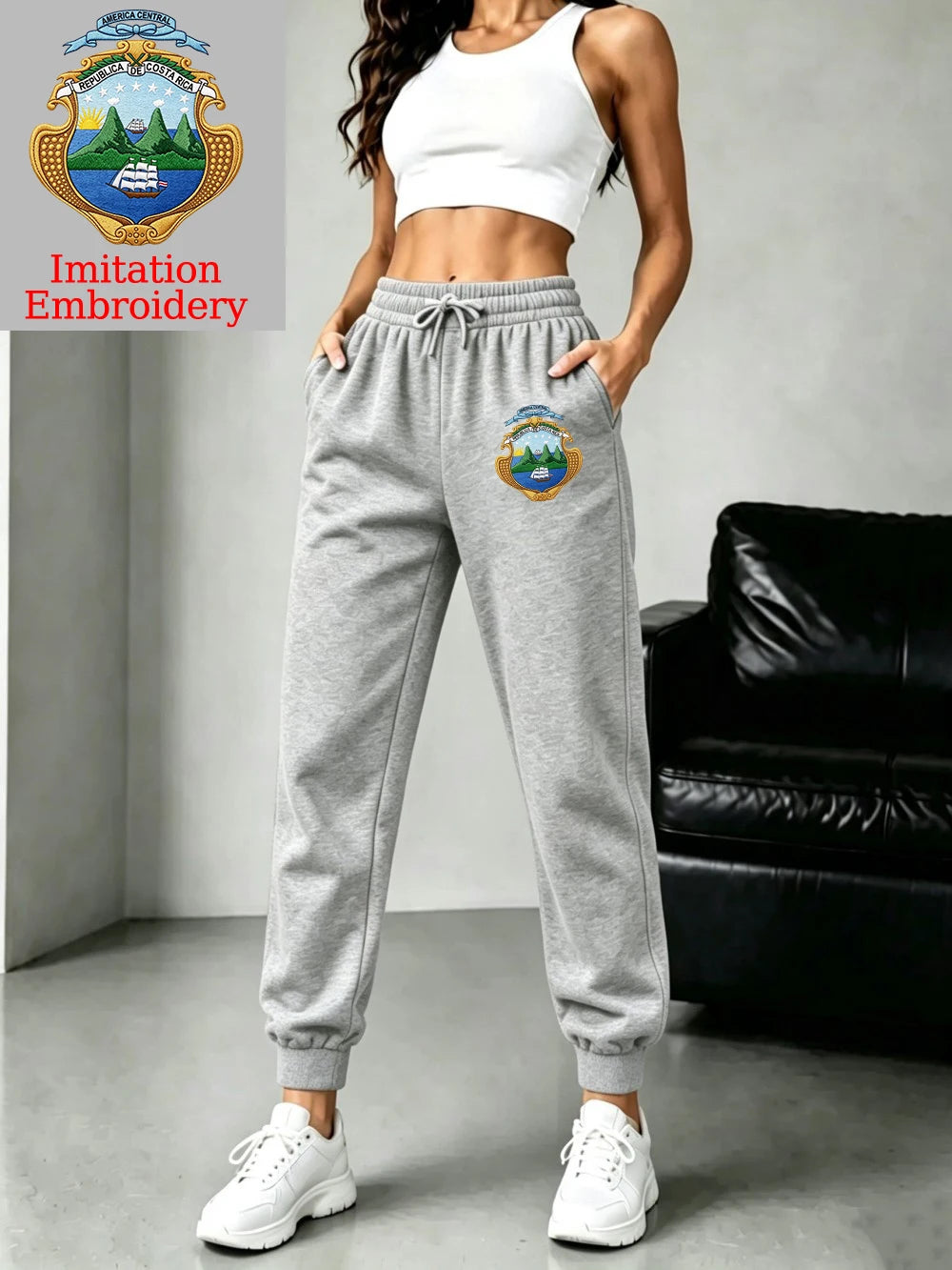 Pantalon de jogging basique en polaire à taille élastique imprimé emblème du Costa Rica pour femmes