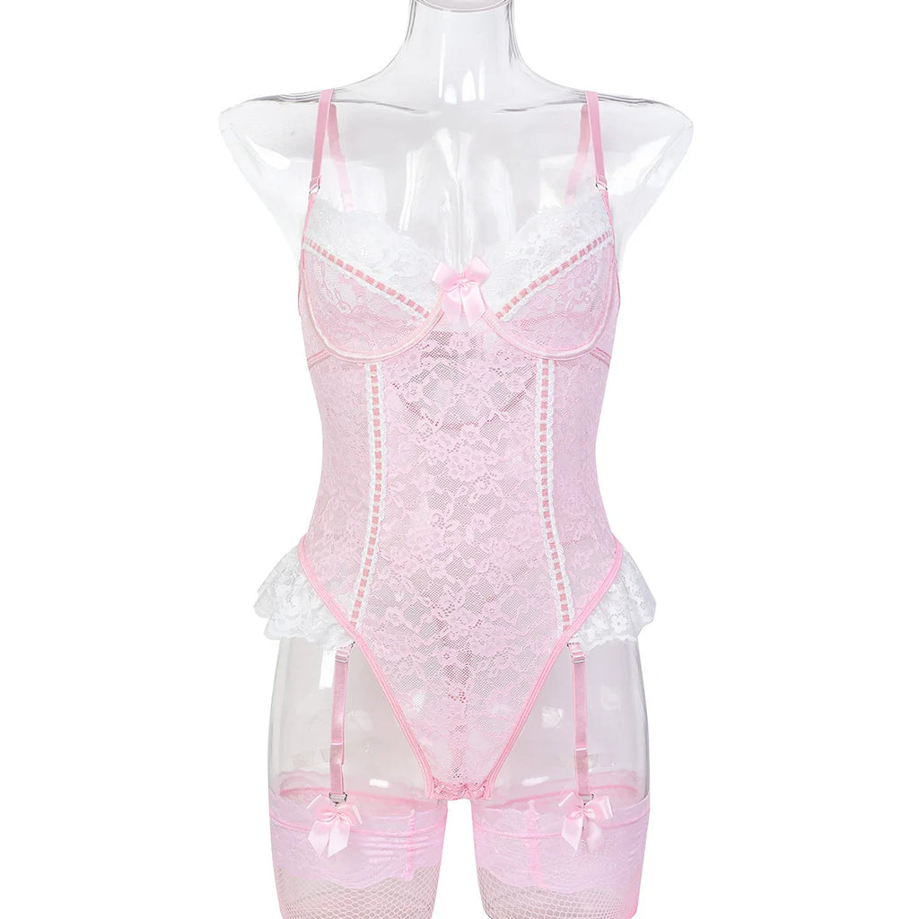 Body rose moulant en dentelle pour femmes