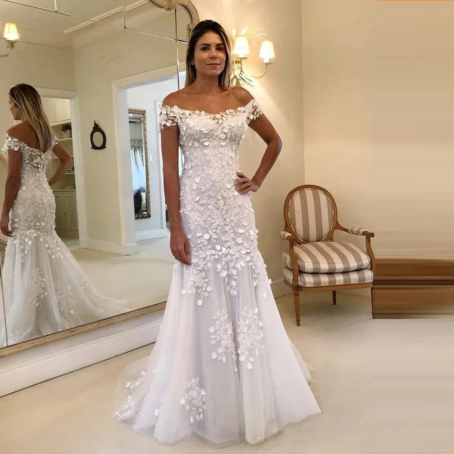 Robe de mariée sirène blanche à épaules dénudées pour femmes