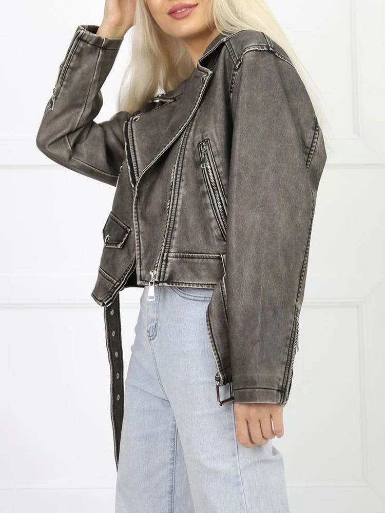 Veste vintage courte en pu faux cuir pour femmes