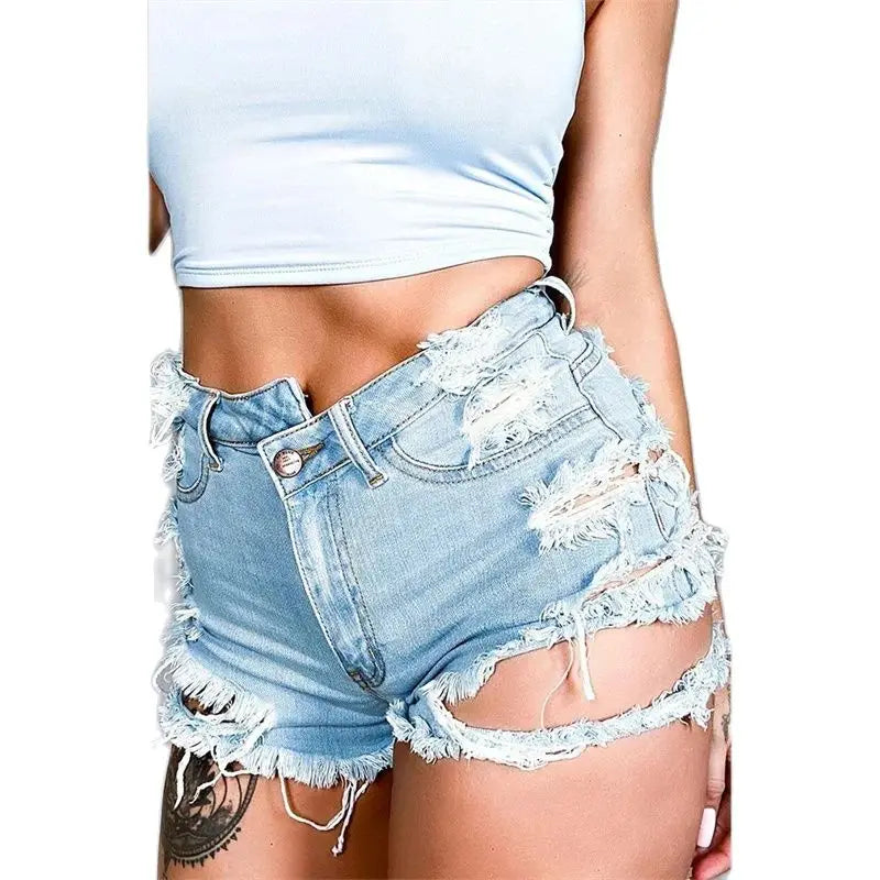 Short en jean à trous cassés irréguliers pour femmes