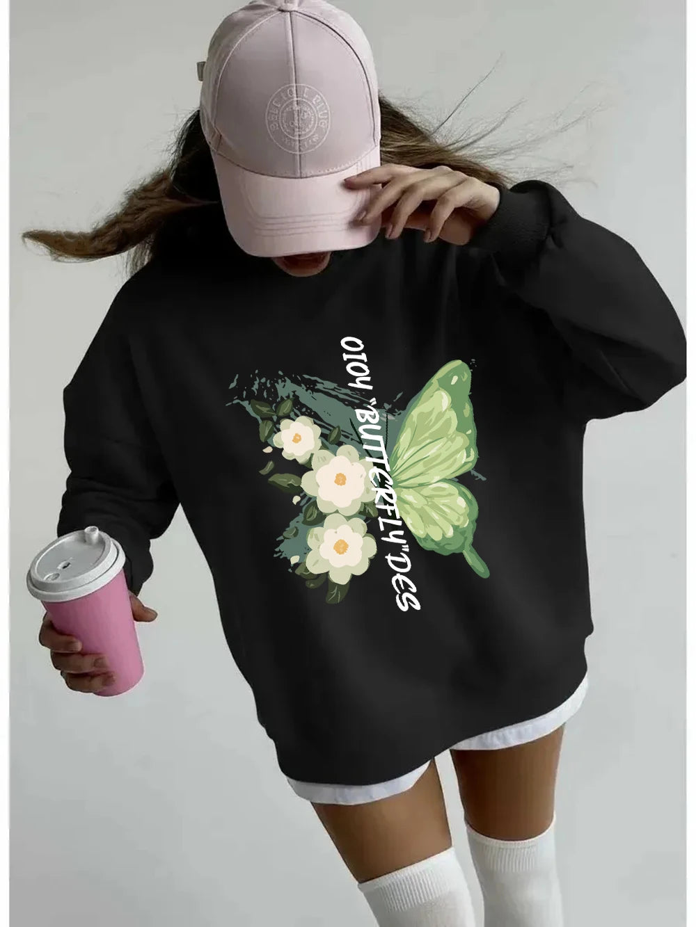 Sweat-shirts imprimés de fleurs de papillons verts pour femmes