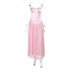 Robe longue rose sexy à bretelles fines pour femmes