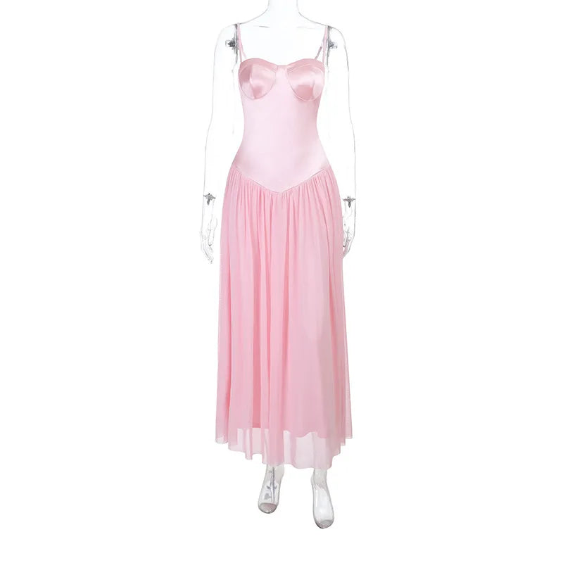 Robe longue rose sexy à bretelles fines pour femmes