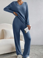 Ensembles 2 pièces pantalons décontractés à jambe droite + hauts élégants en maille à rayures  pour femmes