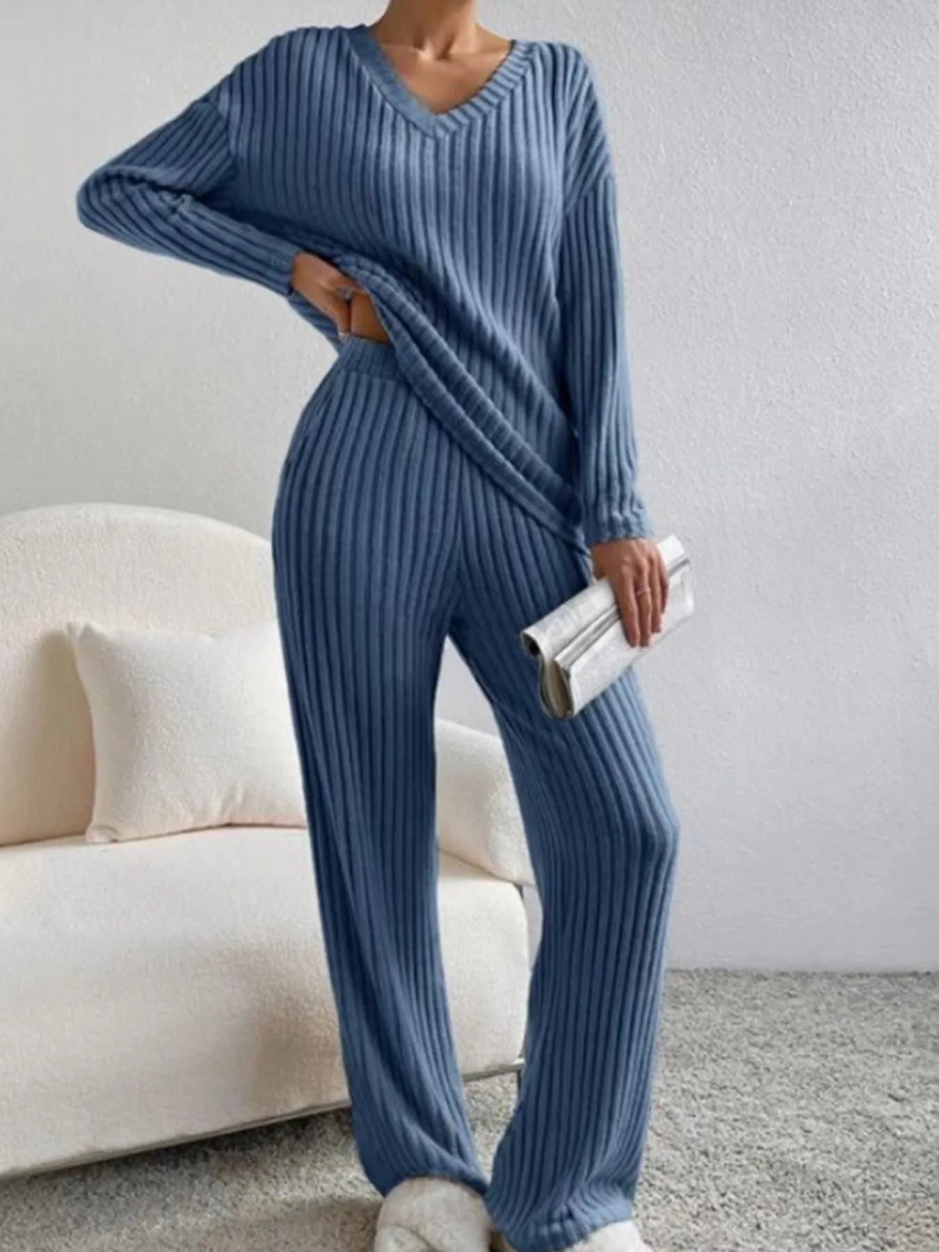 Ensembles 2 pièces pantalons décontractés à jambe droite + hauts élégants en maille à rayures  pour femmes