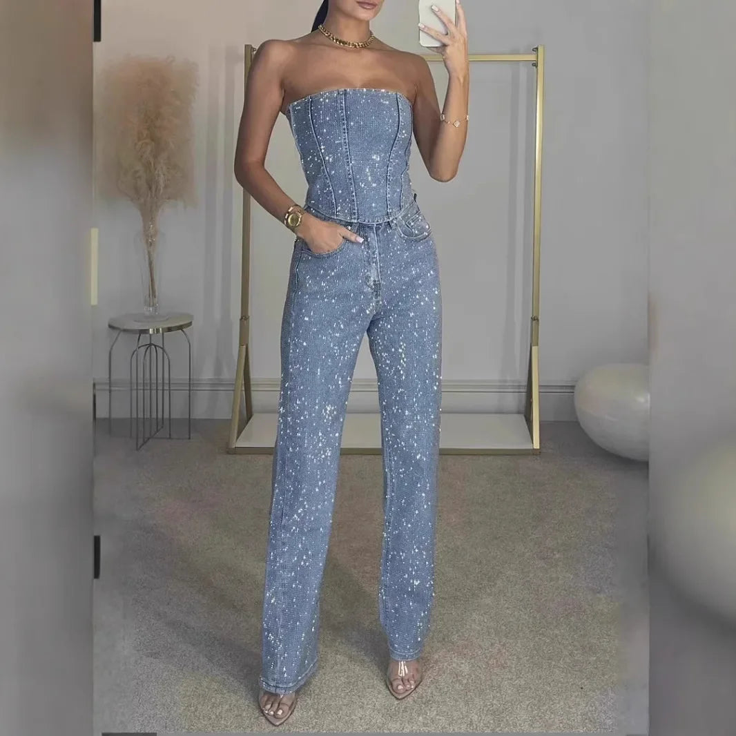 Ensembles pantalon tube en denim à paillettes pour femmes