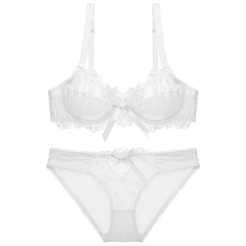 Ensemble de soutien-gorge transparent en dentelle avec nœud ultra-fin et culotte pour femmes