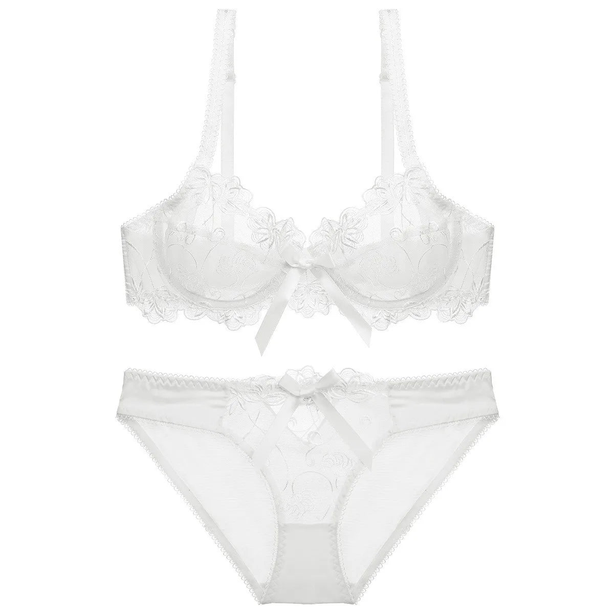 Ensemble de soutien-gorge transparent en dentelle avec nœud ultra-fin et culotte pour femmes