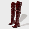 Bottes hautes plissées en cuir verni noir et marron pour femmes