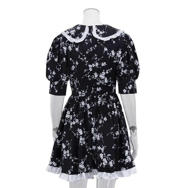 Robe d’Été Noire Femme – Imprimé et Col Claudine