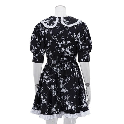 Robe d’Été Noire Femme – Imprimé et Col Claudine