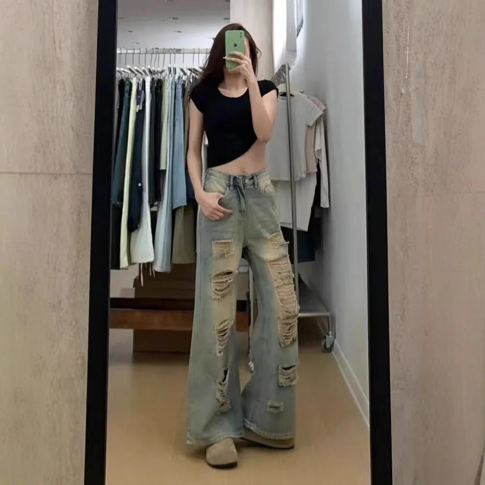 Jean déchiré taille haute à jambe large pour femmes
