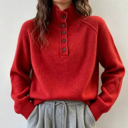 Pull Épais Femme – Col Montant et Demi-Boutonnage