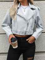 Veste court vintage bleu pu faux cuir pour femmes