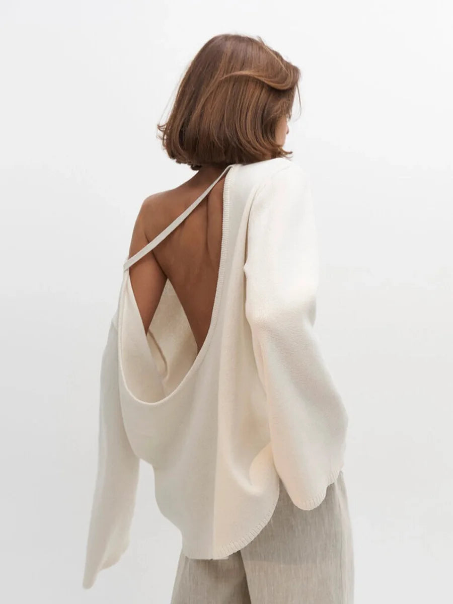 Pull original dos nu à col rond en maille de coton pour femmes