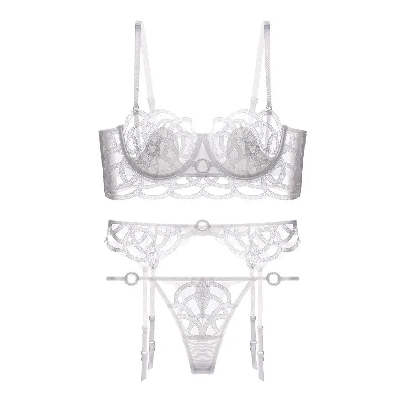 Ensemble de lingerie 3 pièces soutien-gorge + jarretières + string pour femmes