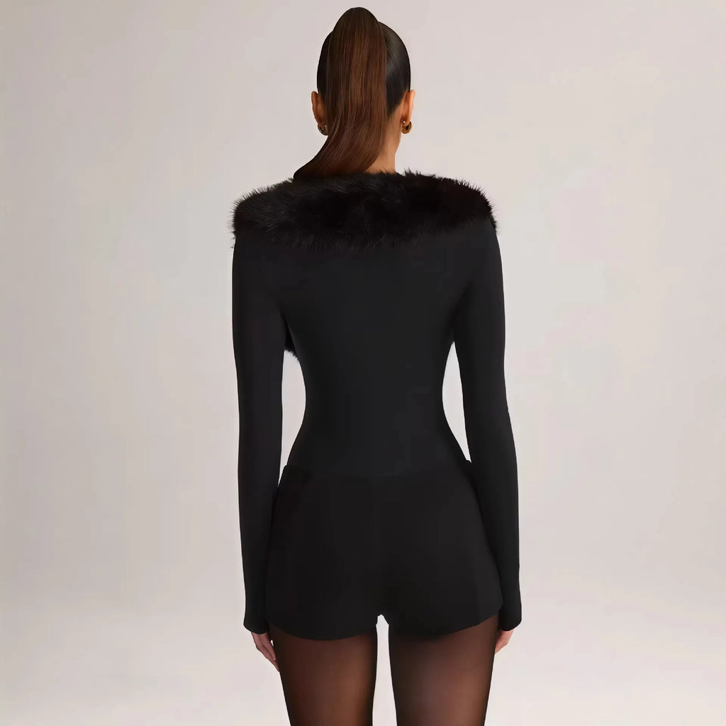 Combinaison courte moulante sexy en fausse fourrure pour femmes