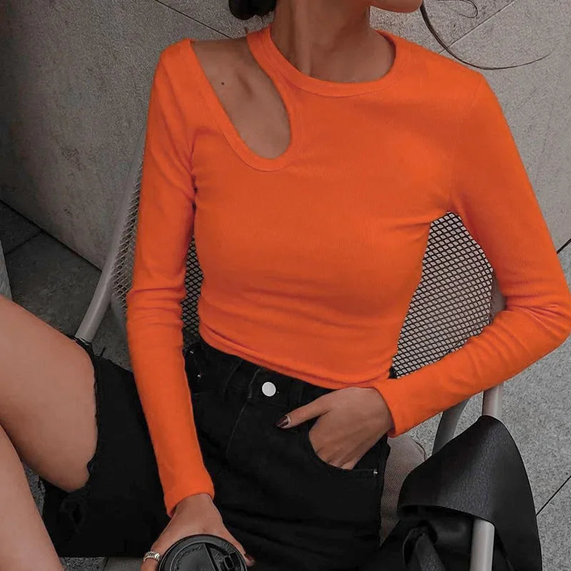 T-shirt à manches longues irrégulier ajouré pour femmes