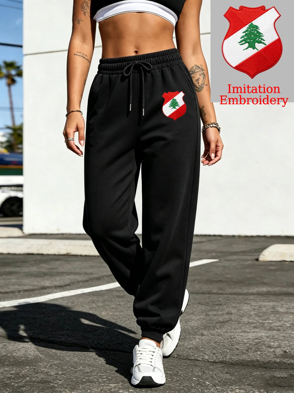 Pantalon de jogging décontracté en molleton imprimé emblème du Liban pour femmes