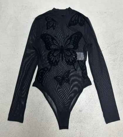 Body noires transparent avec broderies papillon pour femmes