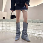 Bottes en jean plissé et à talons épais pour femmes