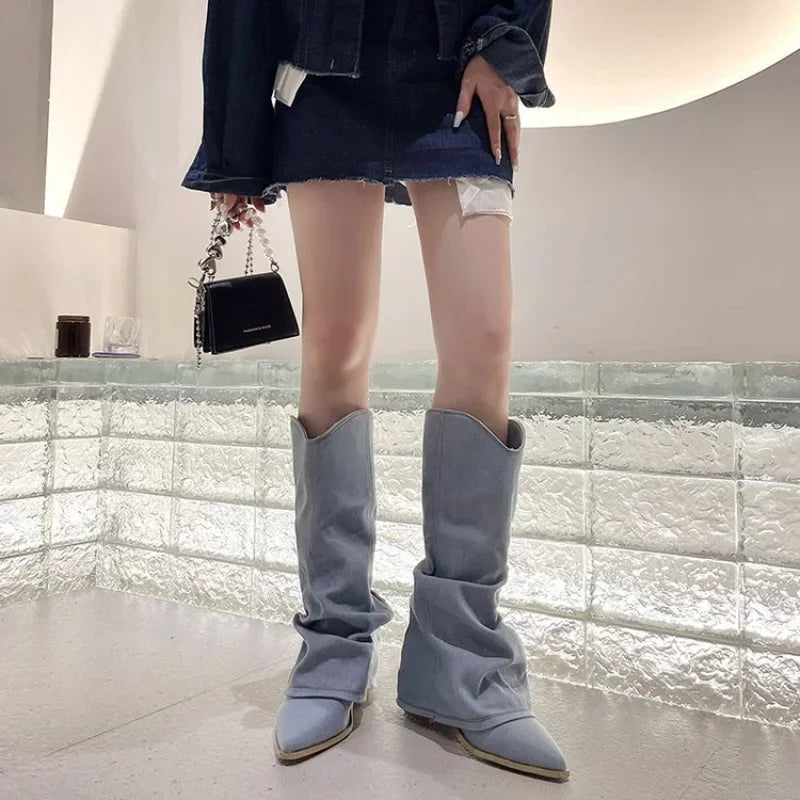 Bottes en jean plissé et à talons épais pour femmes