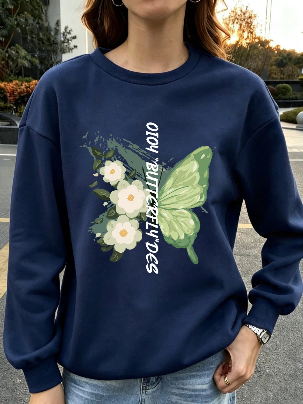 Sweat-shirts imprimés de fleurs de papillons verts pour femmes