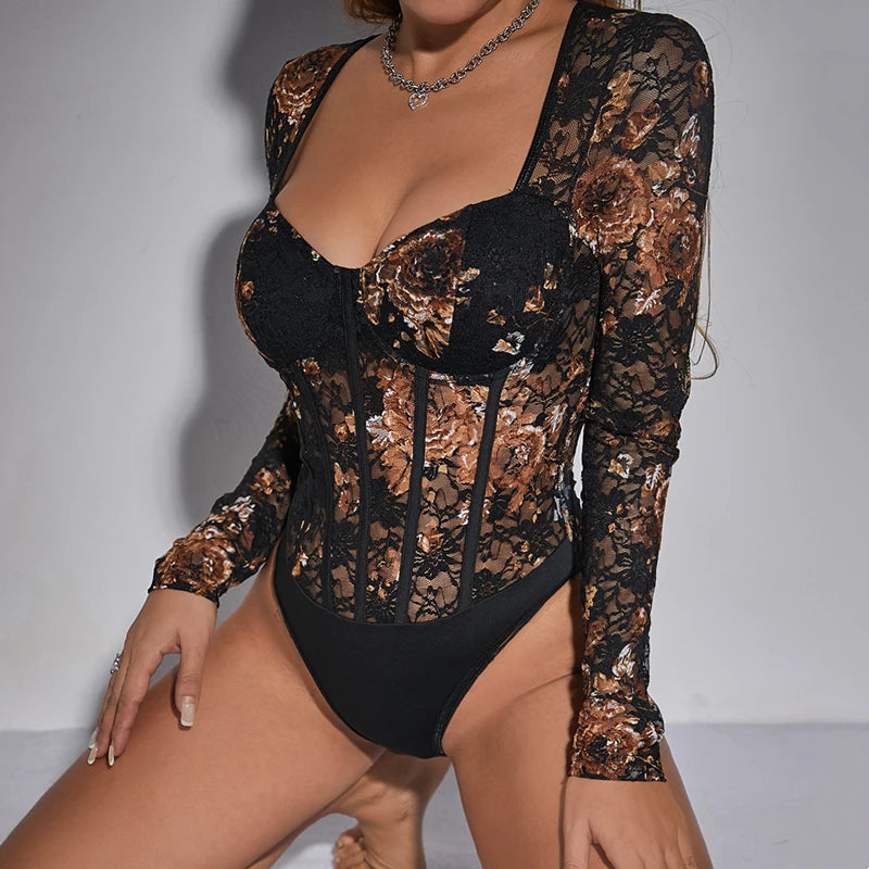 Body sexy à manches longues et col carré pour femmes
