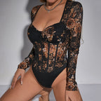 Body sexy à manches longues et col carré pour femmes