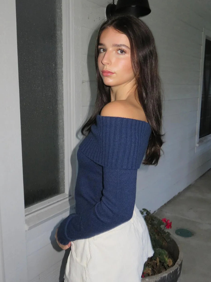 Pull court vintage bleu marine pour femmes