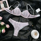 Ensemble de lingerie sexy en maille transparente, soutien-gorge et culotte en dentelle à volants et nœuds pour femmes