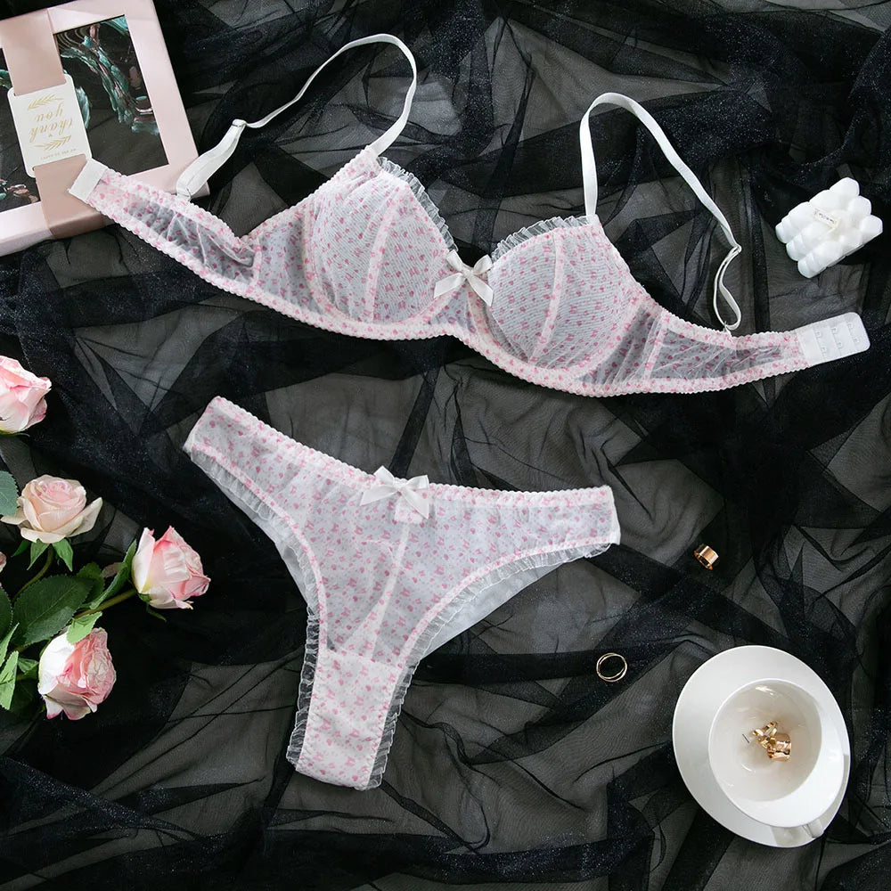 Ensemble de lingerie sexy en maille transparente, soutien-gorge et culotte en dentelle à volants et nœuds pour femmes