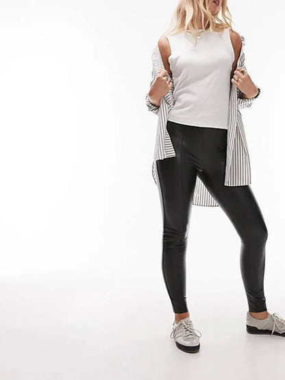 Pantalon Cheville Taille Haute en Similicuir Mat