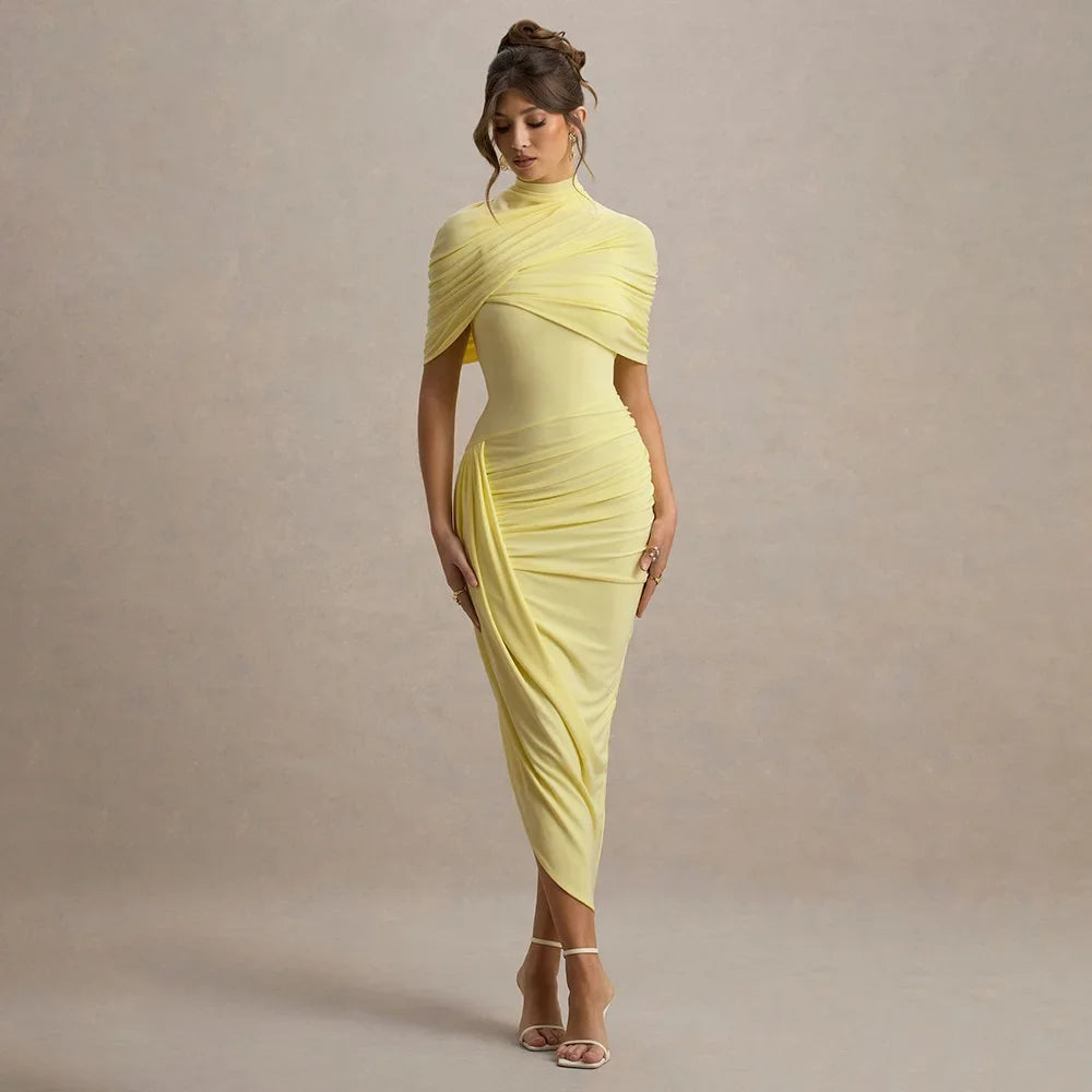 Robe longue froncée à manches mi-longues, dos nu pour femmes